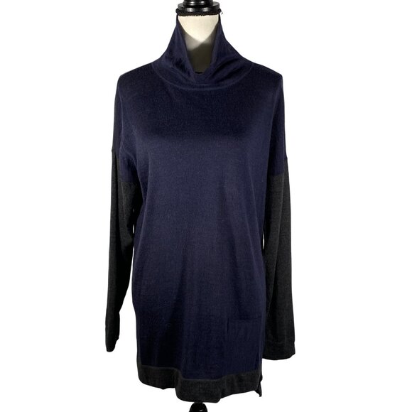 Eileen Fisher merino wool Womens Cowl Neck tunic Sweater L/G  Navy & Gray - Picture 1 of 8